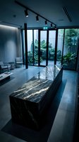 Modern luxury bathroom with black marble bathtub, track lighting and tropical garden view through floor-to-ceiling windows for spa and wellness design.