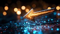 Glowing golden arrow points left against dark background with blue and orange bokeh lights, creating magical directional guidance effect.
