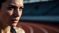 Athletic young woman with sweat drops on face showing determination and focus after intense workout on running track for fitness motivation content.
