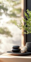 Zen meditation stones stacked on ceramic plate with green plant in pot, soft natural lighting creates peaceful atmosphere for spa and wellness design.