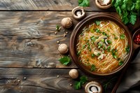 Asian noodle soup with mushrooms, herbs and vegetables in brown ceramic bowl on rustic wooden background with ingredients, top view with copy space.