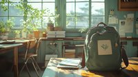 School backpack on wooden desk in bright classroom with green plants and large windows creating warm educational atmosphere for back to school season.
