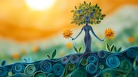 Mystical feminine tree spirit with flowing dress holds sunflowers on swirling hill landscape against orange sunset sky, fantasy nature illustration in paper art style.
