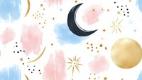 Dreamy celestial pattern with gold moon, stars and watercolor brush strokes in soft pink and blue hues, creating magical nursery or fashion design background.