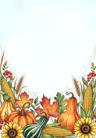Autumn harvest border with corn, pumpkins, sunflowers, and fall foliage on white background. Isolated design element suitable for greeting cards, invitations, and seasonal marketing materials.