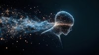 Digital human head profile dissolving into glowing particles and light streams, representing artificial intelligence, data flow, technology innovation, and digital transformation on dark background.