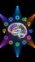 Colorful neon brain with glowing tech icons surrounded by stage lights on black background for artificial intelligence and innovation concepts.