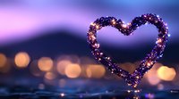 Glowing heart shape made with fairy lights against blurred bokeh background in purple and golden tones, creating romantic Valentine's day atmosphere.