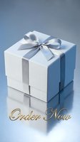Elegant white gift box with silver satin ribbon bow on reflective blue background, luxury present for holidays, weddings, or special occasions.