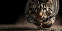 Tabby cat in hunting pose with intense gaze and crouched body position against dark background showcasing feline predatory instincts and natural behavior.