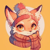 Cute cartoon fox wearing winter knit hat with pompom and wrapped in plaid scarf on orange background. Kawaii animal character with big expressive eyes.