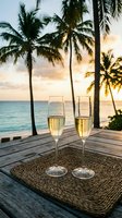 Two champagne glasses on wooden table at tropical beach sunset with palm trees and ocean view for romantic vacation celebration.