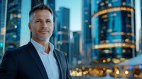 Confident mature Caucasian businessman in suit against modern city background with blue evening lights and bokeh. Corporate success concept.