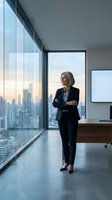 Professional businesswoman in dark suit standing confidently in modern office with floor-to-ceiling windows overlooking city skyline at sunset.