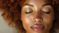 Close up portrait of young woman with natural curly afro hair, freckles and closed eyes expressing serenity and peace against neutral background.