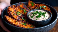 Grilled sweet potato wedges with spices and herbs, served with creamy dipping sauce in black ceramic bowl. Fresh parsley garnish adds vibrant color to appetizer.
