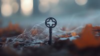 Vintage key silhouette among autumn leaves and spider web with bokeh lights background creates mysterious atmospheric mood for fantasy or gothic design projects.