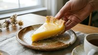 Hand holding slice of golden lemon tart on rustic ceramic plate with coffee cup on wooden table by window creating cozy breakfast dessert moment.