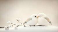 Two white doves perched close together on flowering branch against soft beige background, creating romantic and peaceful atmosphere for wedding designs.