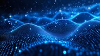 Abstract digital wave landscape with glowing blue particles and light effects on dark background. Futuristic technology concept.