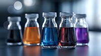Glass bottles with colorful liquids in row showing scientific research samples in laboratory setting, featuring black, orange, blue, red and purple solutions.