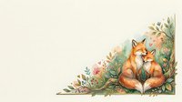 Two foxes nestled together among wildflowers and foliage on cream background. Isolated watercolor illustration suitable for nursery decor, children's books, greeting cards, and fabric design projects.