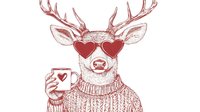 Stylish deer in knitted sweater wearing heart-shaped sunglasses and holding coffee mug with heart, drawn in red line art style. Perfect for Valentine's Day designs.