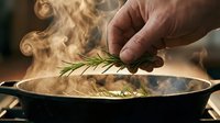 Chef's hand adding fresh rosemary sprig to steaming pot of soup or broth, aromatic herb seasoning for gourmet cooking and culinary preparation.