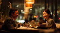 Middle-aged Asian businessman and young Asian woman enjoying intimate dinner conversation at upscale restaurant with warm ambient lighting and wine glasses.