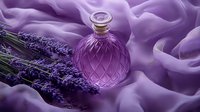 Elegant crystal perfume bottle with fresh lavender sprigs on flowing purple silk fabric, creating luxurious spa and beauty composition in purple tones.