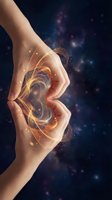 Hands holding glowing golden energy orb with magical light particles and swirling waves on dark background, representing power, spirituality, healing, and transformation for wellness and technology concepts.