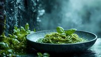 Fresh basil pesto pasta served in rustic ceramic bowl against moody forest backdrop with morning mist, creating atmospheric dining scene for food photography.