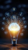 Glowing light bulb with brain and business icons radiating energy sparks representing innovation, creativity, entrepreneurship and bright ideas concept.