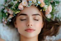 Young woman with closed eyes wearing floral crown of peach roses and delicate blue flowers, natural makeup, serene expression lying on white surface.