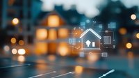 Glowing smart home icon with connected devices interface floating over blurred cityscape background with bokeh lights and reflective surface.