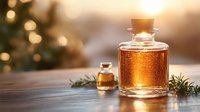 Elegant glass bottle with golden liquid and small vial on wooden surface against blurred lights background, decorated with fresh rosemary sprigs.
