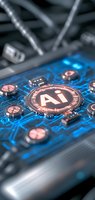 Glowing AI symbol on circuit board with neon blue technology pattern and metallic components, representing artificial intelligence and machine learning advancement.