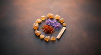 Natural healing crystals and dried herbs arranged in sacred circle for meditation wellness spiritual practice energy cleansing ritual ceremony.