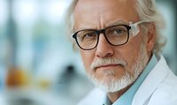 Senior male medical professional with gray beard and glasses wearing white coat looking confidently at camera in hospital setting, healthcare concept.