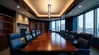 Elegant corporate boardroom with polished mahogany table, leather chairs, city skyline view through floor-to-ceiling windows for business meetings.