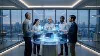 Diverse business team meeting around holographic display table in modern office conference room with city skyline view at dusk.