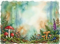 Enchanted forest floor with red and golden mushrooms, ferns, wildflowers, and moss in soft watercolor style. Perfect for nature-themed designs, children's illustrations, and woodland backgrounds.