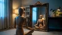Wooden mannequin looking at reflection in ornate vintage mirror in cozy interior room with blue curtains and warm lighting for self-awareness concepts.