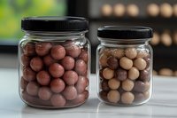 Glass jars filled with chocolate coated candy balls in brown and beige colors on white surface against blurred background, showing storage and presentation of confectionery.