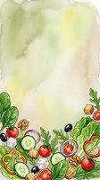 Watercolor salad ingredients border with fresh vegetables, tomatoes, cucumbers, olives, lettuce, and croutons on soft yellow-green background. Ideal for recipe cards, menus, and culinary designs.