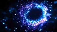 Glowing circular portal with magical blue and purple particles swirling in dark space, creating luminous energy vortex effect. Cosmic abstract background.