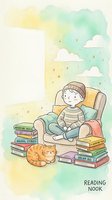 Young boy reading in cozy armchair surrounded by colorful books and orange cat. Watercolor illustration for children's literature and education themes.