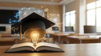 Graduation cap with glowing lightbulb on open book surrounded by floating academic icons in modern classroom setting representing education innovation.