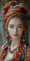 Young woman wearing vibrant orange and blue traditional headwrap with colorful beaded earrings and matching textile wrap. Soft natural makeup enhances her features.