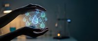 Hands holding glowing water droplet network symbols representing sustainable technology, environmental conservation, and digital innovation for eco-friendly solutions.